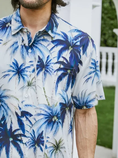 Palm Tree Chest Pocket Short Sleeve Hawaiian Shirt