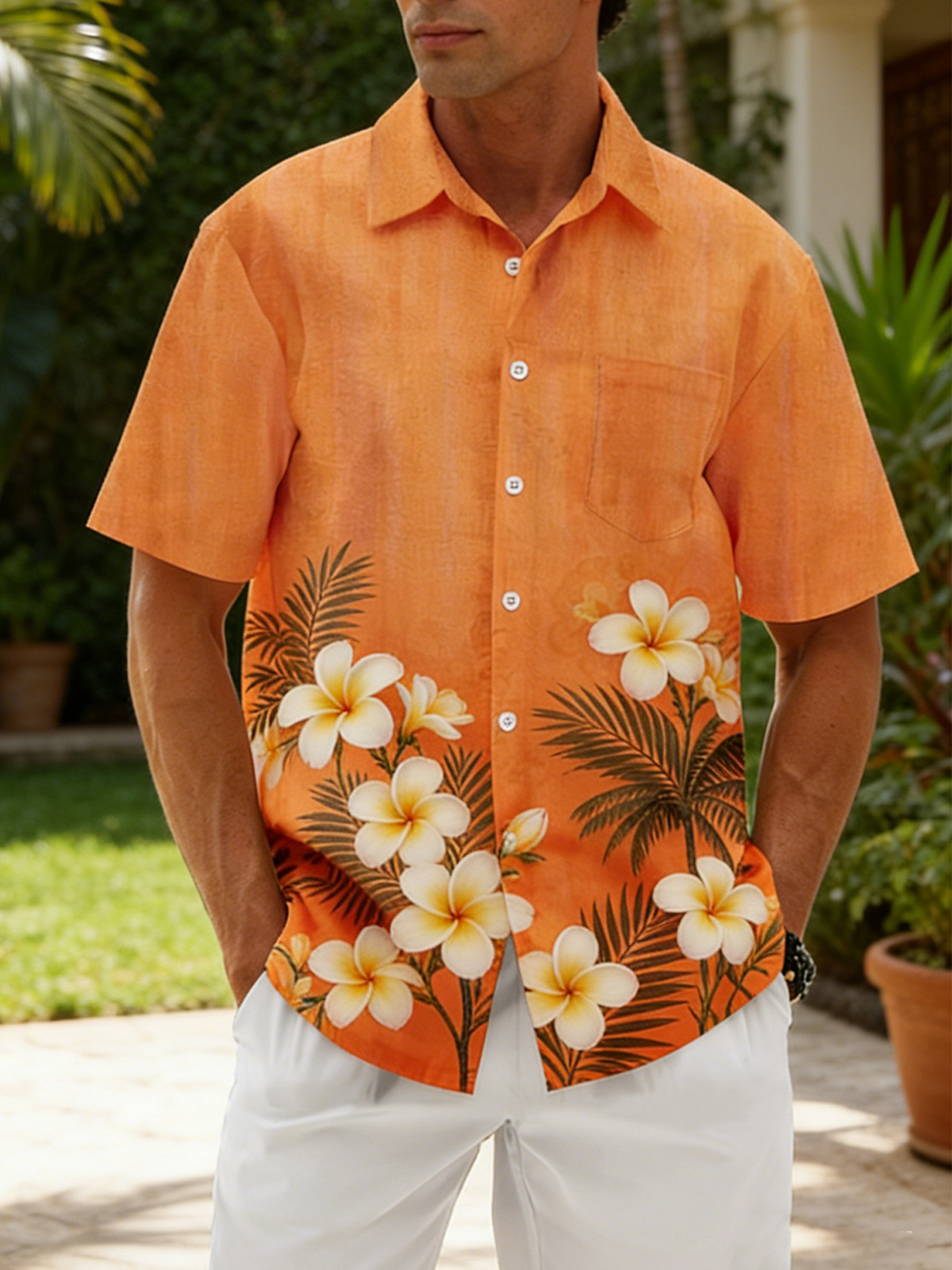 Linen-Texture Botanical Floral Chest Pocket Holiday Hawaiian Shirt