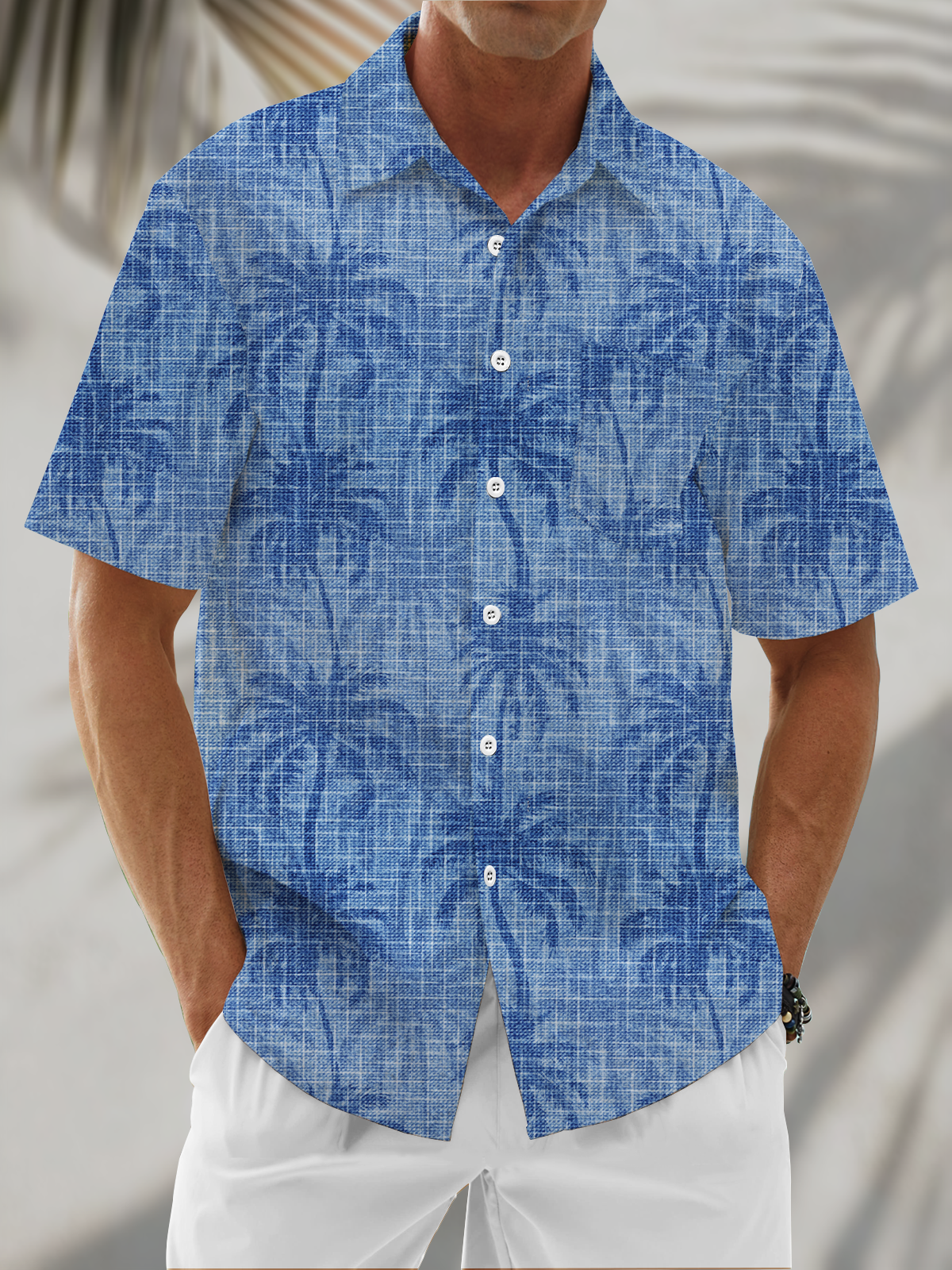 Linen Textured Coconut Tree Chest Pocke Holiday Hawaiian Shirt
