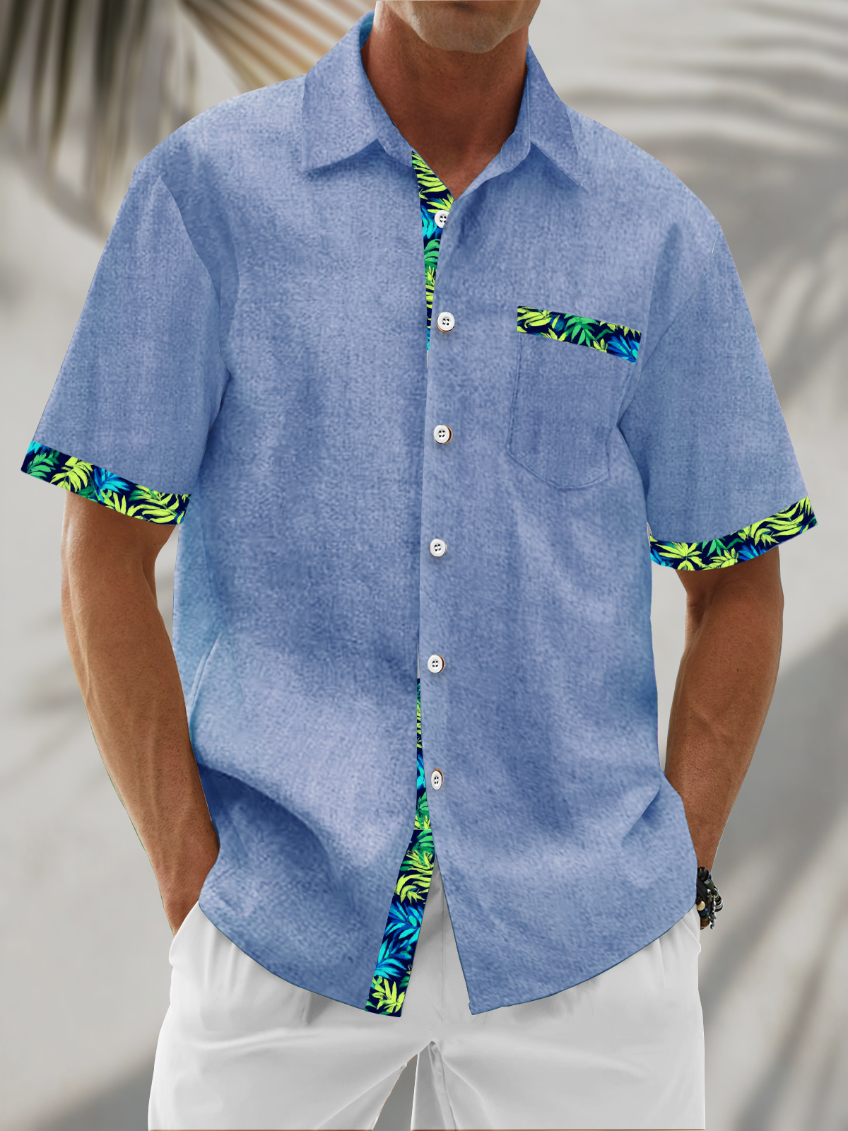 Linen Texture Plant Based Solid Color Patchwork Chest Pocket Holiday Hawaiian Shirt