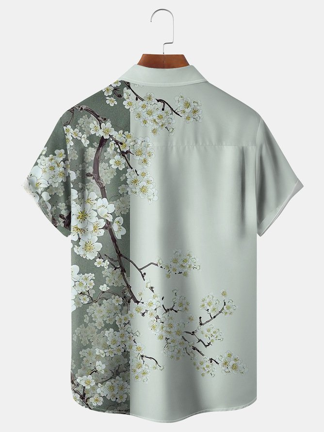 Big Size Floral Sakura Chest Pocket Short Sleeve Hawaiian Shirt