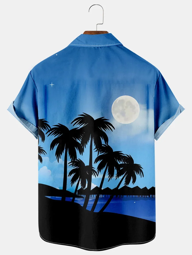 Tall Size Moisture-wicking Palm Tree Chest Pocket Hawaiian Shirt