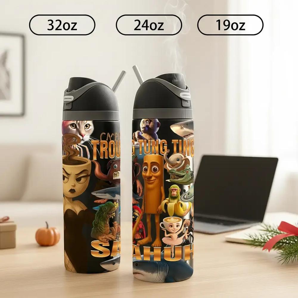 1pc 19/24/32oz Italian Brainrot Meme Tumbler with Lid and Straw, Funny Cartoon Stainless Steel Double Wall, Keep Hot 12H / Cold 24H, Creative Character Design Cup for Office, Outdoor, Halloween, Christmas, Thanksgiving Gifts, Leakproof Insulated Tumbler