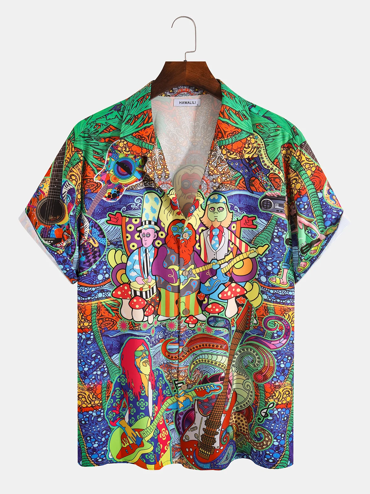 Hardaddy Hawaiian Hippie Retro Music Elements Men's Casual Short-sleeved Shirt