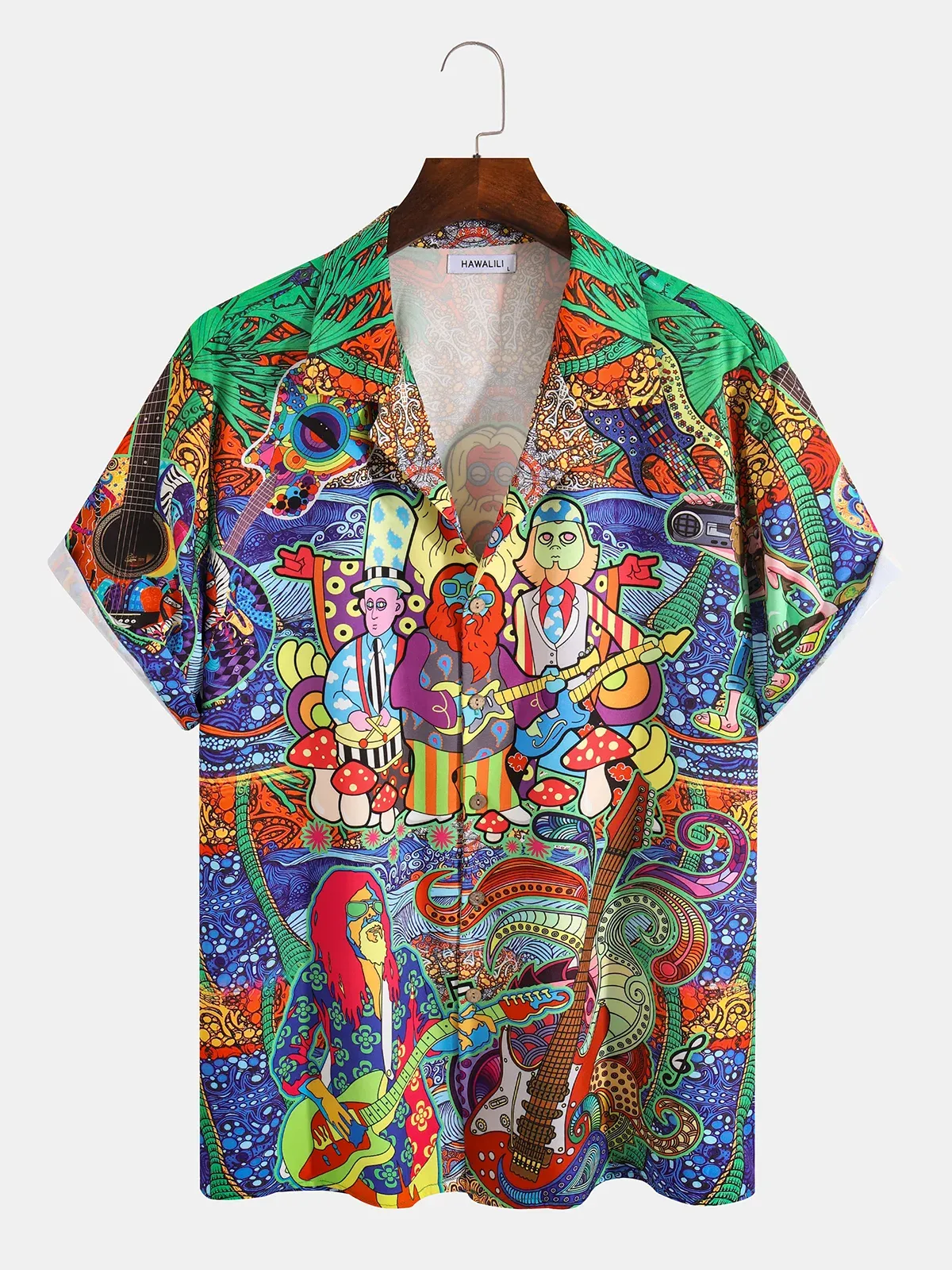 Hardaddy Hawaiian Hippie Retro Music Elements Men's Casual Short-sleeved Shirt