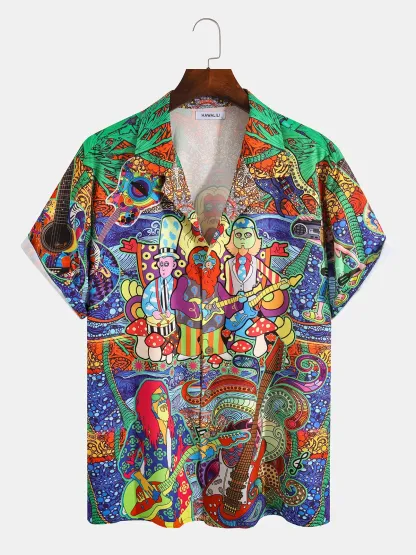 Hardaddy Hawaiian Hippie Retro Music Elements Men's Casual Short-sleeved Shirt