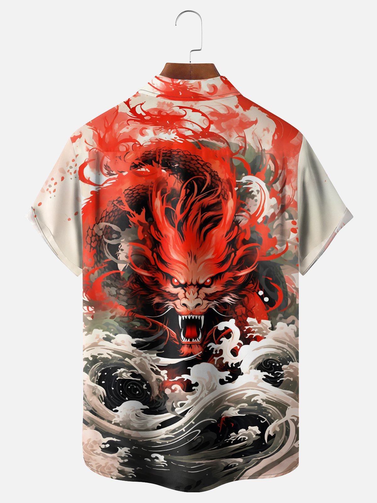 Moisture Wickin Japanese Ukiyo-e Wave Dragon Chest Pocket Holiday Hawaiian Shirt