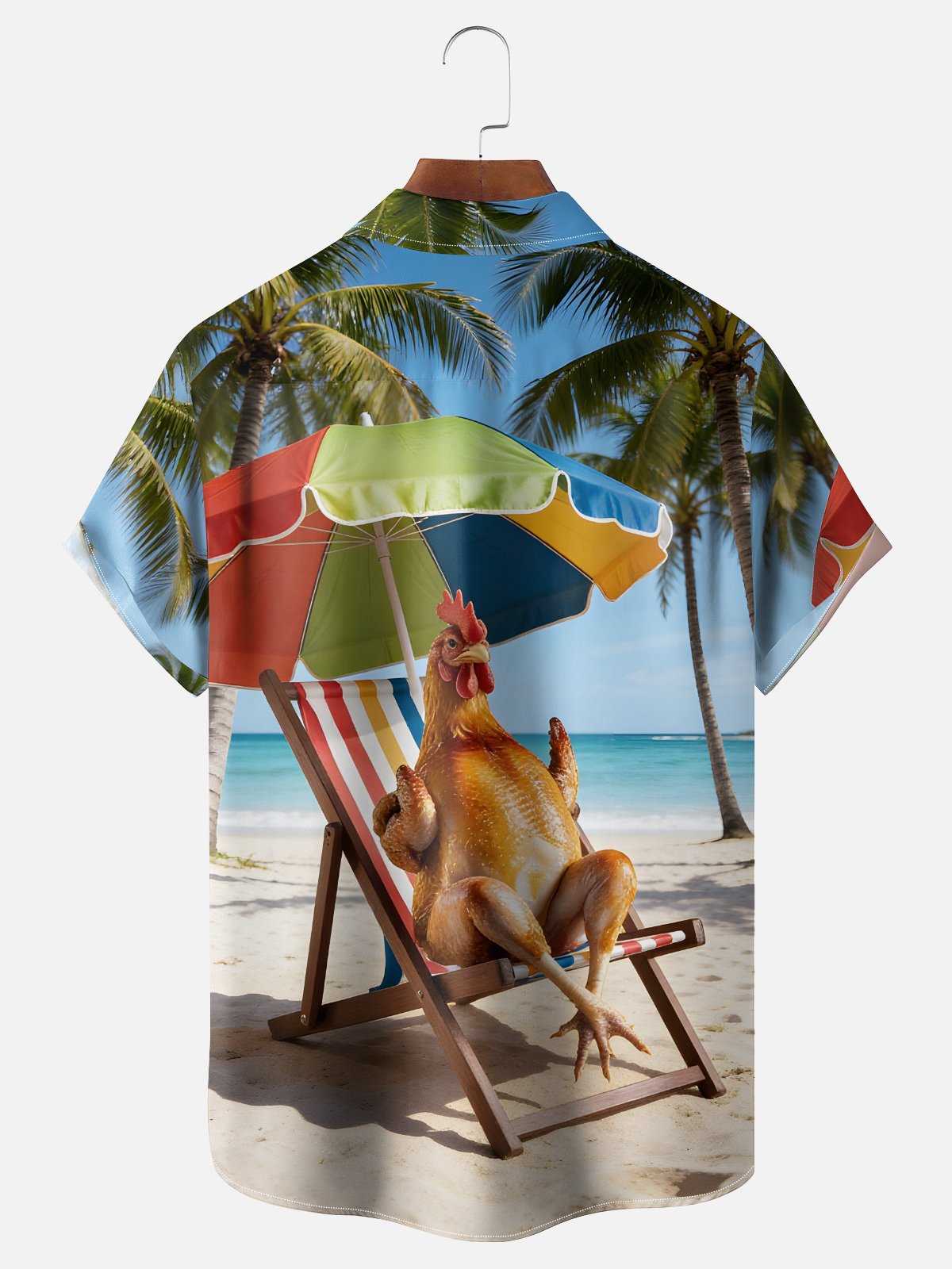 Moisture-Wicking "Beach Sunbathing Chicken" Chest Pocket Holiday Hawaiian Shirt