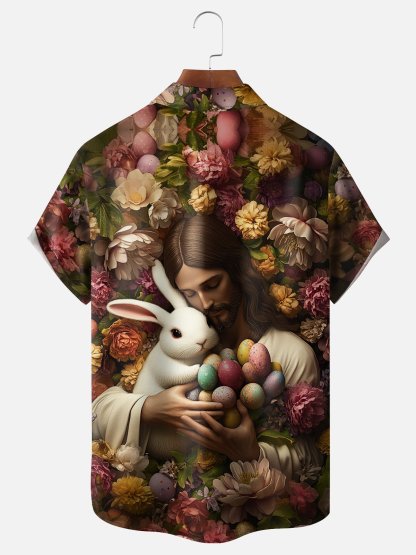 Moisture-wicking Easter Christian Jesus Bunny Rabbit Eggs Chest Pocket Casual Shirt