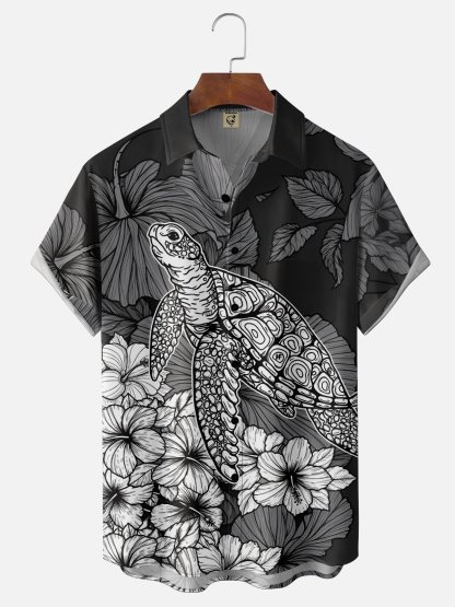 Moisture Wicking Botanical & Turtle Chest Pocket Holiday Hawaiian Shirt