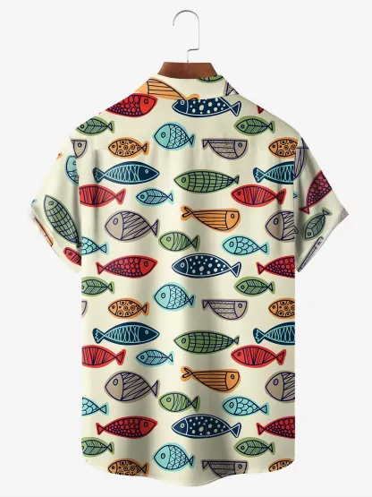Breathable Ocean Fish Chest Pocket Hawaiian Shirt