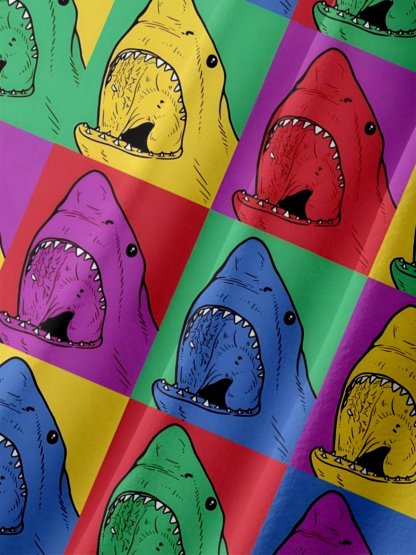 Moisture Wicking Ocean Animal Shark Chest Pocket Hawaiian Shirt
