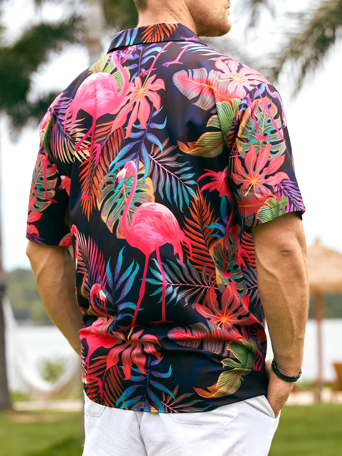 Men's Botanical Flamingo Print Casual Short Sleeve Hawaiian Shirt