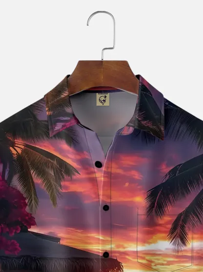 Moisture-wicking Sunset Beach Coconut Trees Chest Pocket Hawaiian Shirt