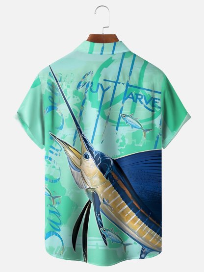 Moisture-wicking Swordfish Ocean Chest Pocket Hawaiian Shirt