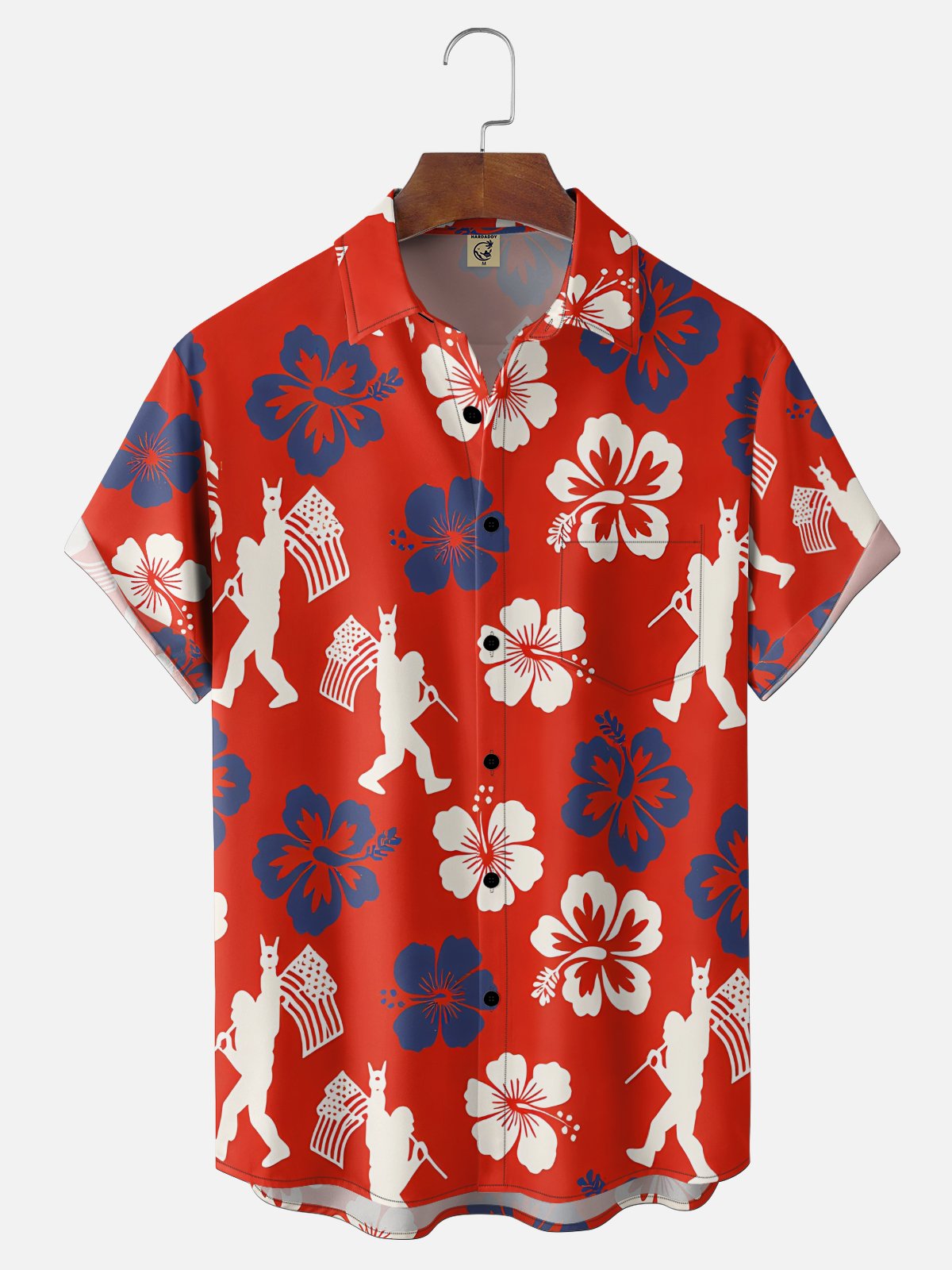 Moisture Wicking American Independence Day Anniversary Flag Plants Flowers Bigfoot Chest Pocke Holiday Hawaiian Shirt
