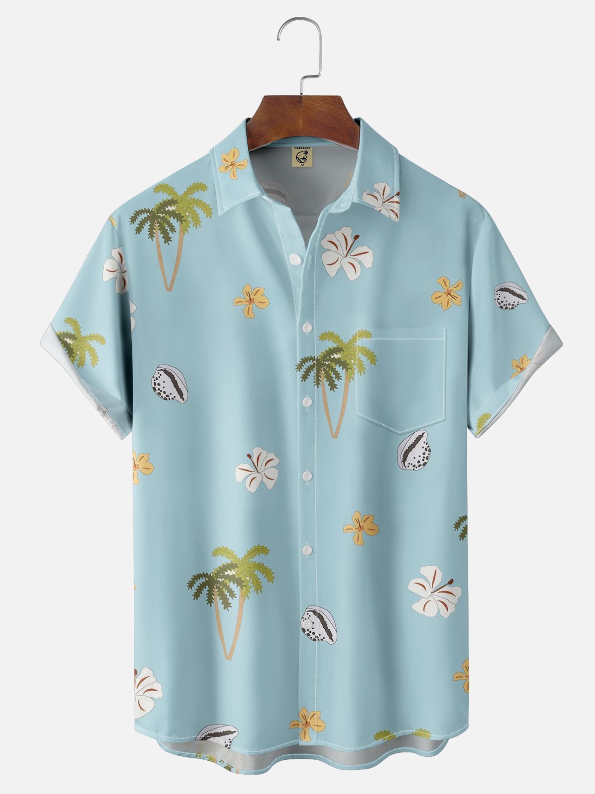 Moisture-wicking Palm Tree Floral Shell Chest Pocket Hawaiian Shirt
