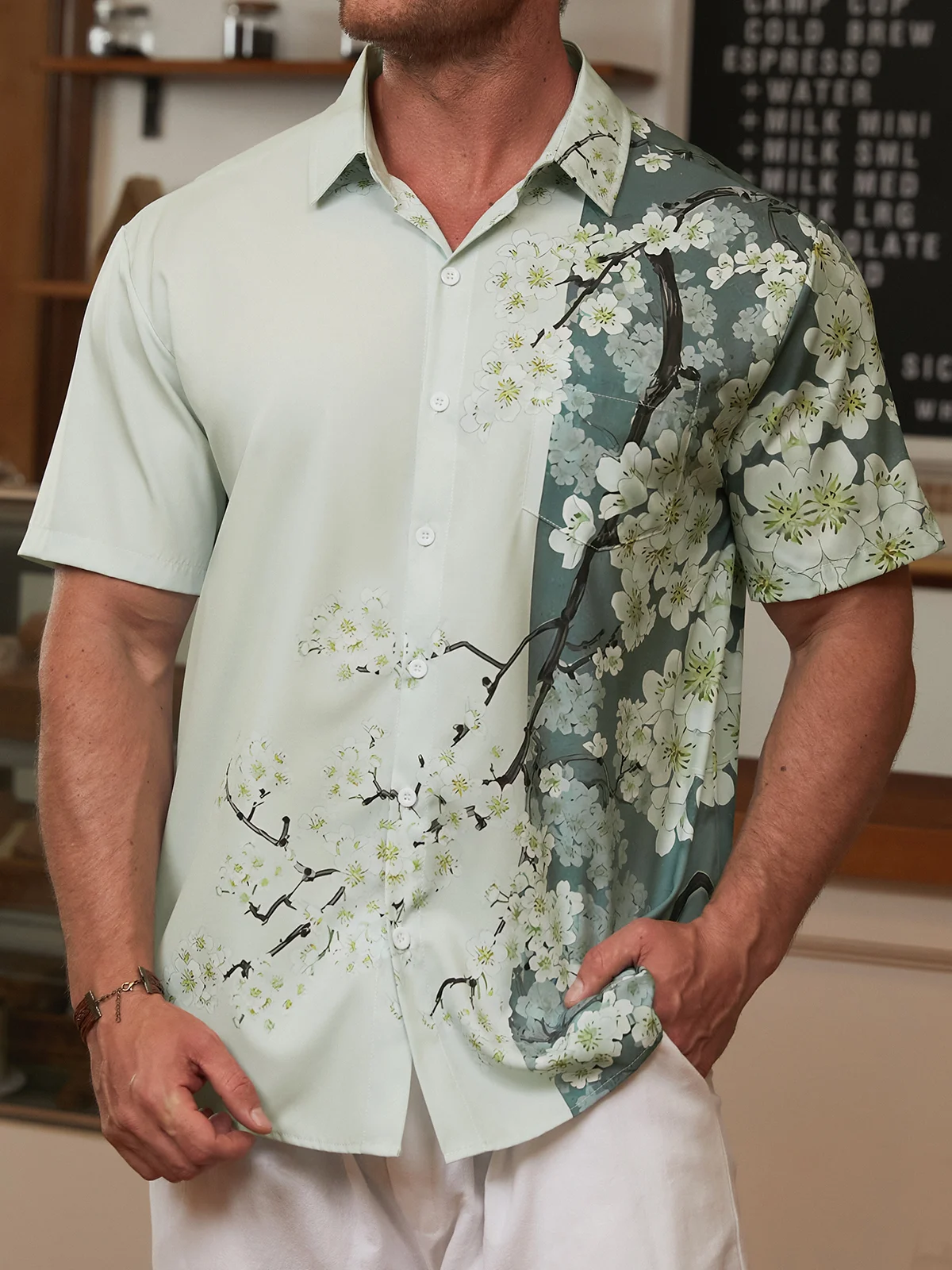 Floral Sakura Chest Pocket Short Sleeve Hawaiian Shirt