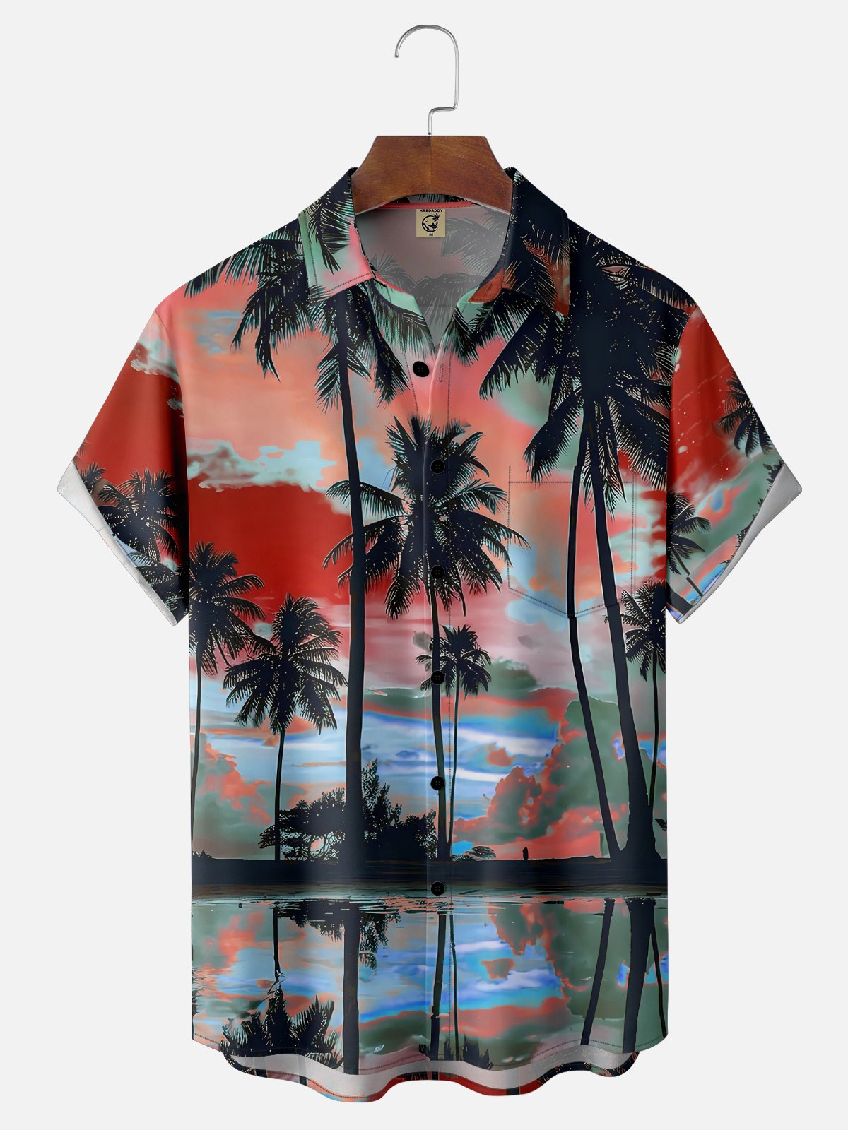 Tall Size Moisture-wicking Beach Sunset Coconut Tree Chest Pocket Hawaiian Shirt