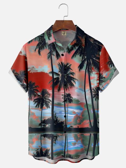 Moisture-wicking Beach Sunset Coconut Tree Chest Pocket Hawaiian Shirt
