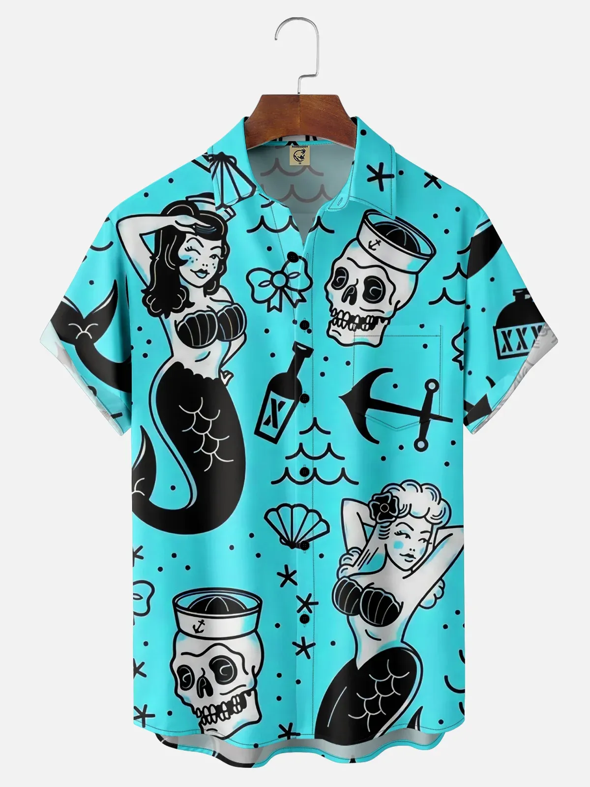 Mermaid Chest Pocket Short Sleeve Hawaiian Shirt