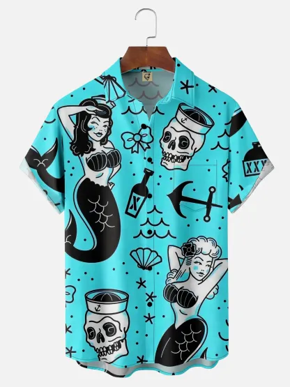 Mermaid Chest Pocket Short Sleeve Hawaiian Shirt