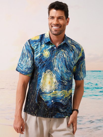Hardaddy Mens Retro Van Gogh The Starry Night Lapel Loose Short Sleeve Funky Hawaiian Shirt