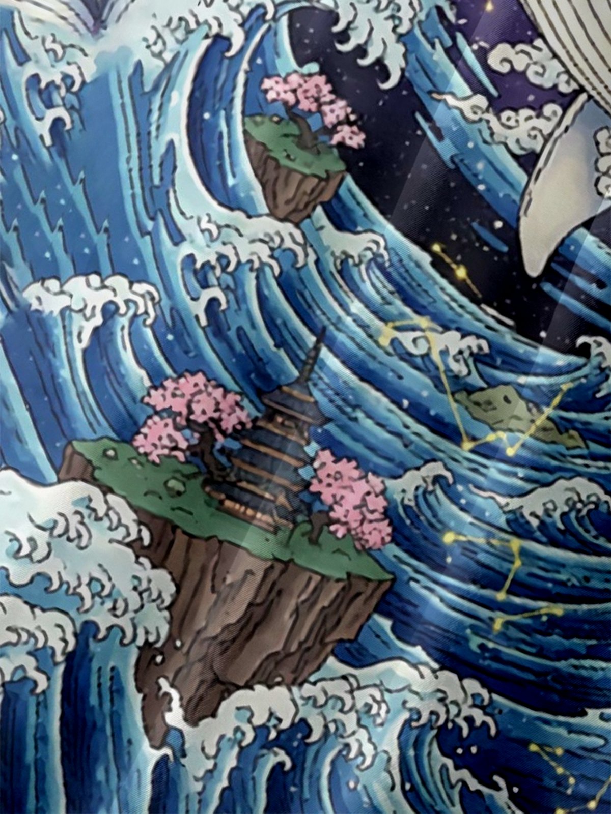 Moisture Wickin Japanese Ukiyo-e Waves and Whales Chest Pocket Holiday Hawaiian Shirt