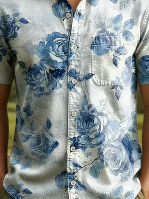LinenTexture Floral Chest Pocket Holiday Hawaiian Shirt