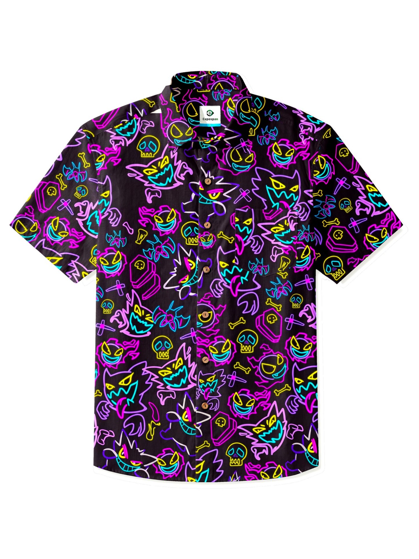 Expospan® Men's Neon Ghost Print Short Sleeve Button-Up Shirt