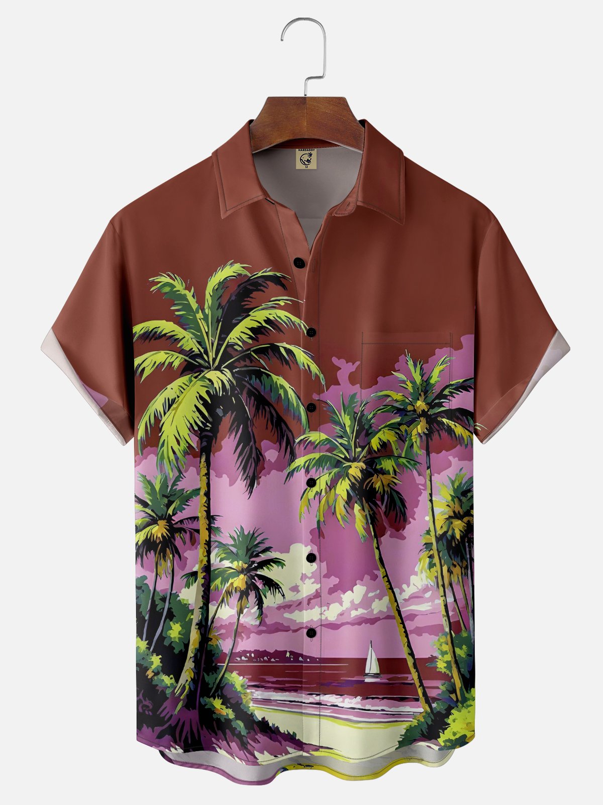 Moisture-wicking Coconut Tree Beach Chest Pocket Hawaiian Shirt