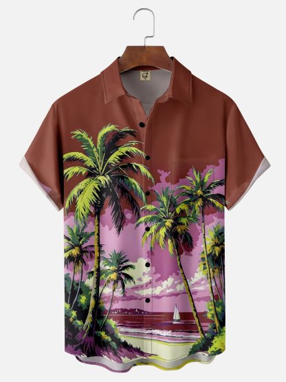 Moisture-wicking Coconut Tree Beach Chest Pocket Hawaiian Shirt