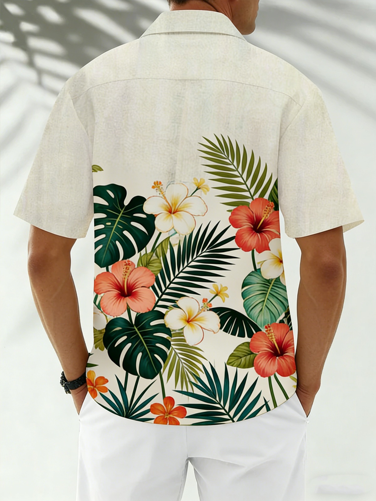 Linen-Texture Botanical Floral Chest Pocket Holiday Hawaiian Shirt