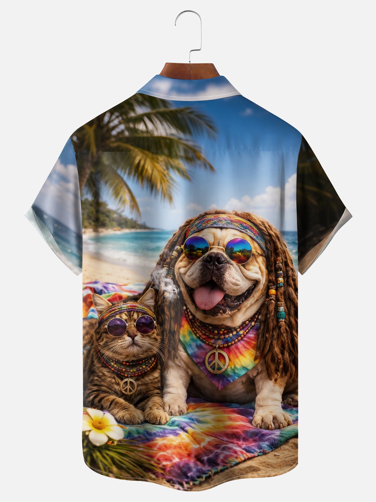 Moisture-wicking Hippie Cat Dog Beach Coconut Tree Chest Pocket Hawaiian Shirt