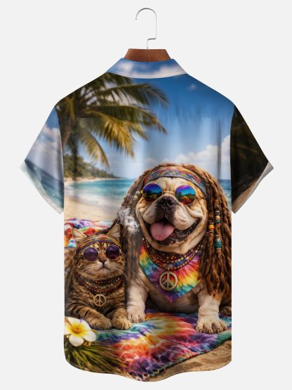 Moisture-wicking Hippie Cat Dog Beach Coconut Tree Chest Pocket Hawaiian Shirt