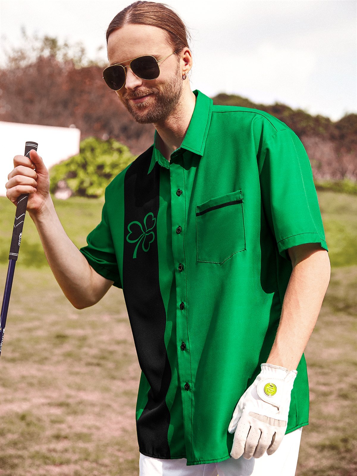 Hawaiian Button Up Shirt for Men Green St. Patrick's Day Lucky Clover Regular Fit Short Sleeve Bowling Shirt St Paddy's Day Shirt