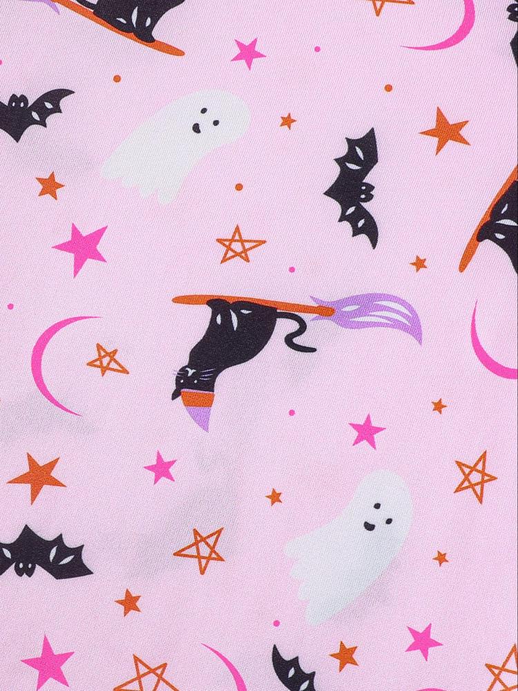 【Halloween】Women's Halloween Pajama Set, Cute Pumpkin Ghost Print, Short Sleeve Lapel Shirt & Elastic Shorts, Casual All-Season Sleepwear