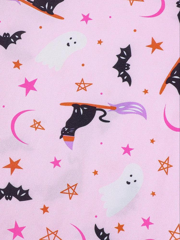 【Halloween】Women's Halloween Pajama Set, Cute Pumpkin Ghost Print, Short Sleeve Lapel Shirt & Elastic Shorts, Casual All-Season Sleepwear