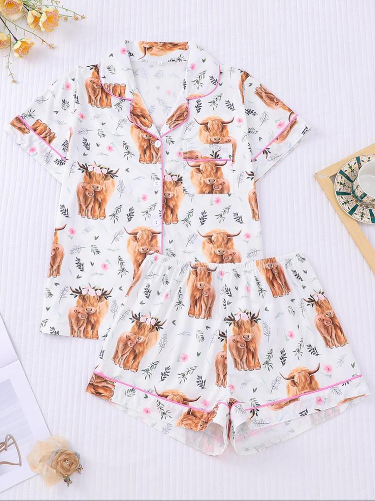 Women's Cartoon Cow Print Button Front Pocket Shirt & Elastic Waist Shorts Pyjama, Casual Comfy Short Sleeve Top & Shorts PJ Set, Ladies Summer Sleepwear