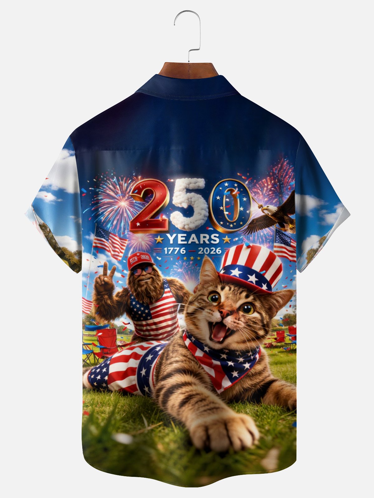 Moisture-Wicking 250th U.S. Independence Day Commemorative Edition Cat & Bigfoot Selfie-Print Chest Pocket  Hawaiian Shirt