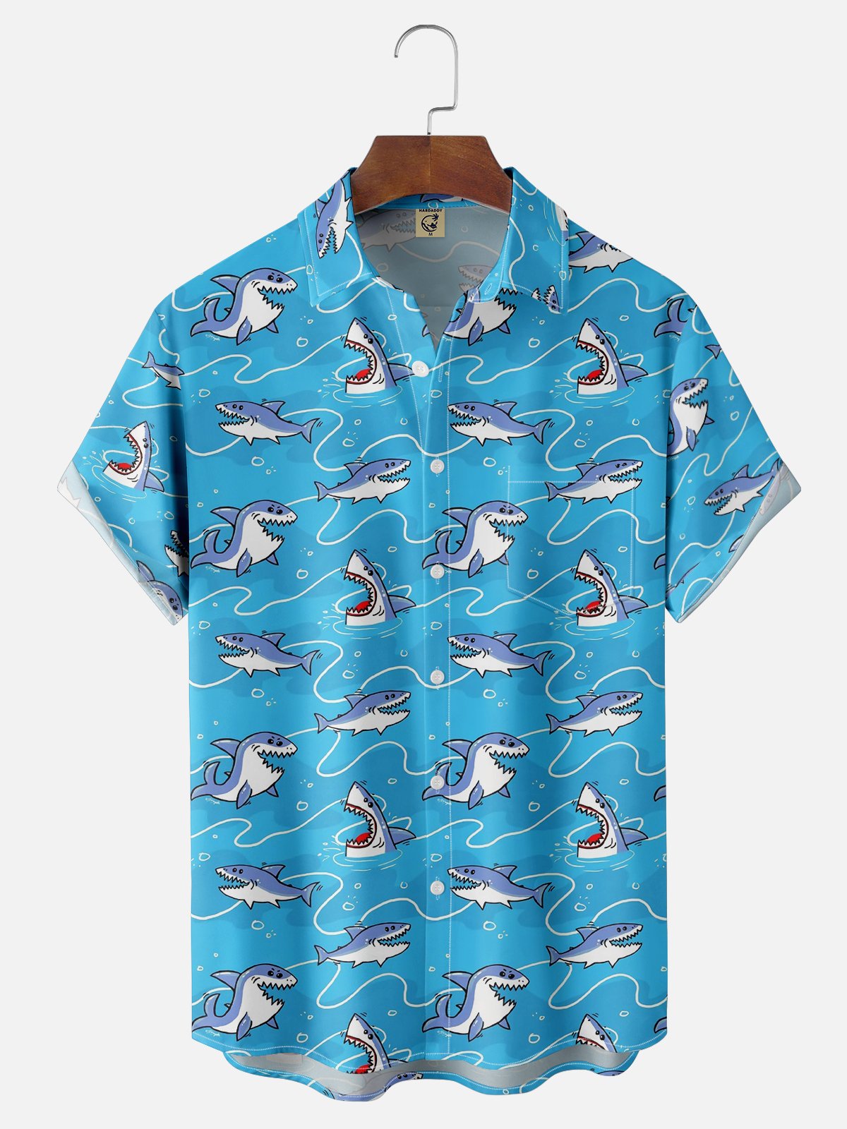 Moisture-wicking Shark Ocean Cartoon Chest Pocket Hawaiian Shirt