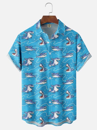Moisture-wicking Shark Ocean Cartoon Chest Pocket Hawaiian Shirt