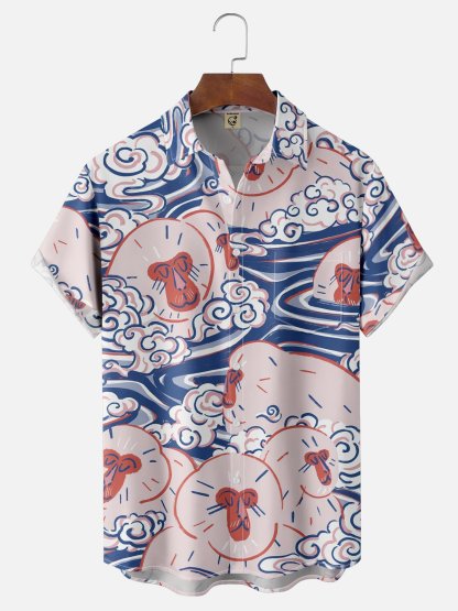 Moisture Wicking Ukiyoe Onsen Monkey Chest Pocket Hawaiian Shirt