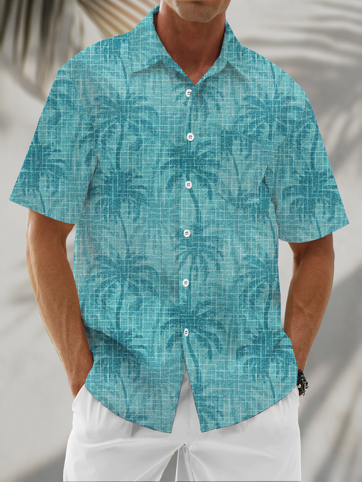 Linen Textured Coconut Tree Chest Pocke Holiday Hawaiian Shirt