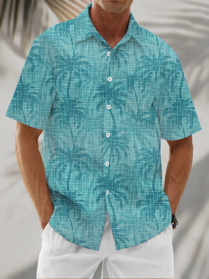 Linen Textured Coconut Tree Chest Pocke Holiday Hawaiian Shirt