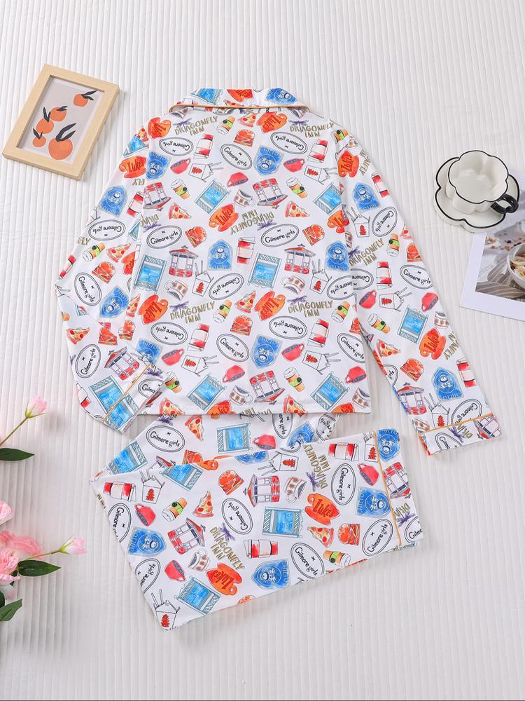 Women's Stars Hollow Gilmore Girls Pajama Set, Casual Fitted Long Sleeve Top & Elastic Pants, Comfortable Sleepwear for Holiday Party