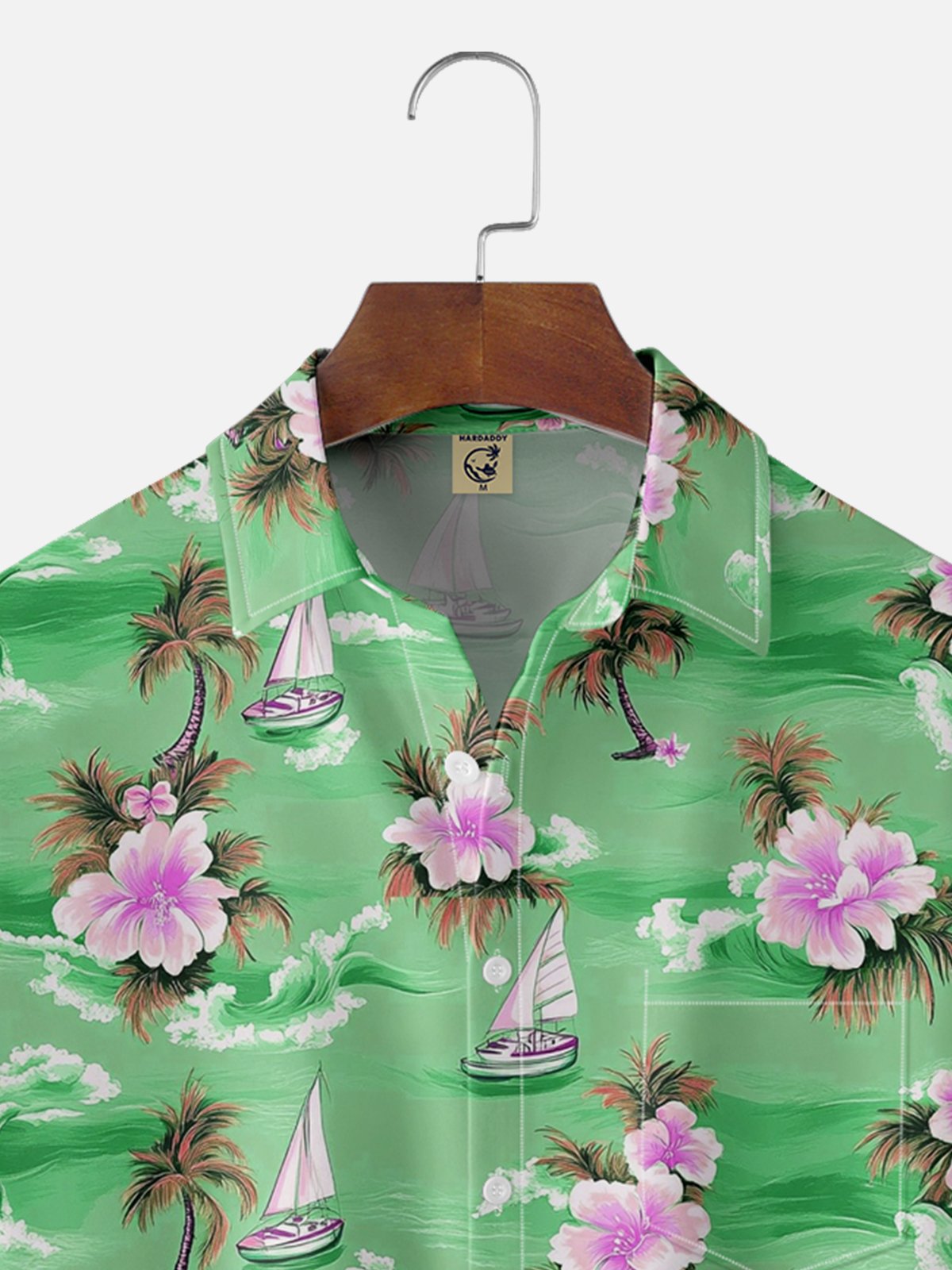 Moisture-wicking Palm Tree Hibiscus Flower Sailing Boat Chest Pocket Hawaiian Shirt