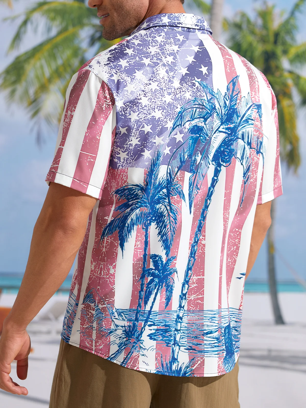 American Flag Coconut Tree Chest Pocket Short Sleeve Hawaiian Shirt