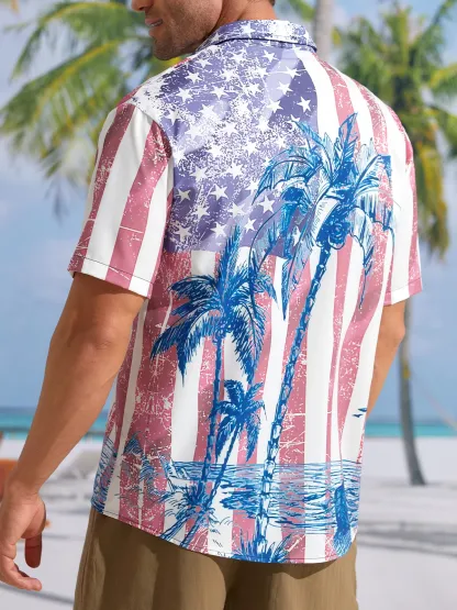 American Flag Coconut Tree Chest Pocket Short Sleeve Hawaiian Shirt