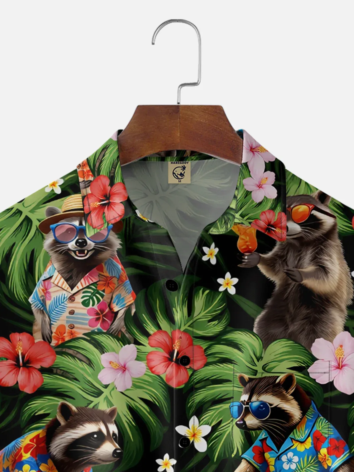 Moisture Wicking Leaf Floral and Raccoon Chest Pocket Holiday Hawaiian Shirt